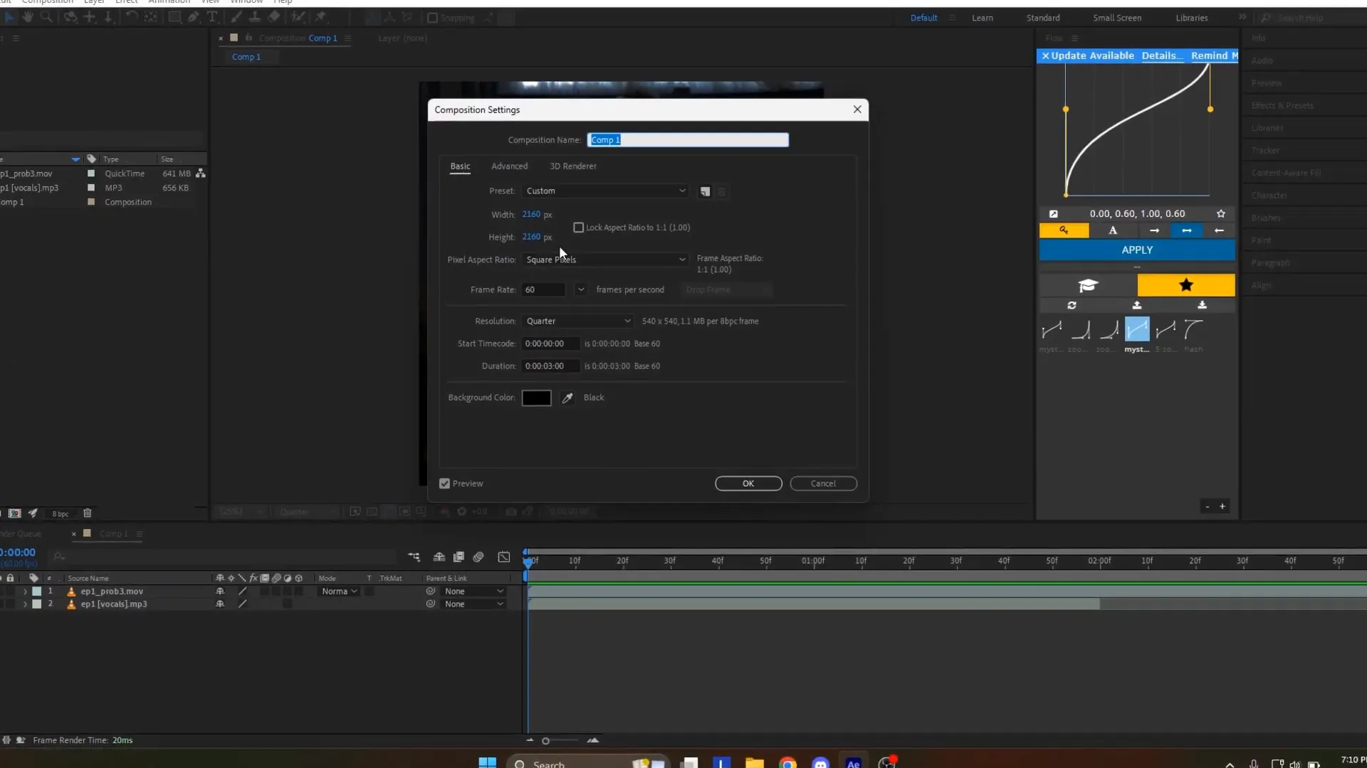 Composition settings in After Effects