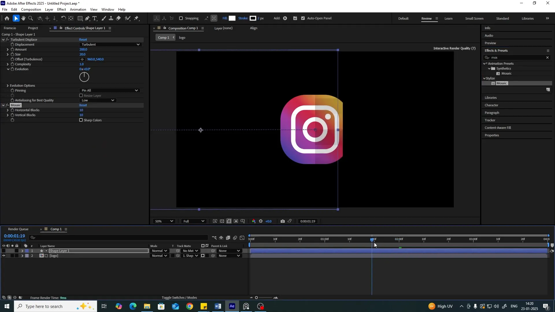 Adding Turbulent Displace effect to the shape layer